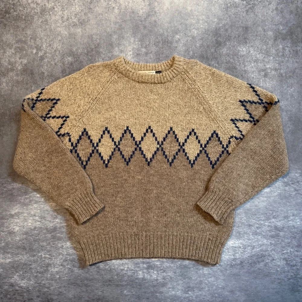 Vintage Gap Mens Medium 100% Wool Argyle Fair Isle Crewneck Sweater Brown Tan